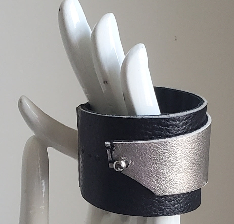 Leather Wrap Bracelet - Silver on Black